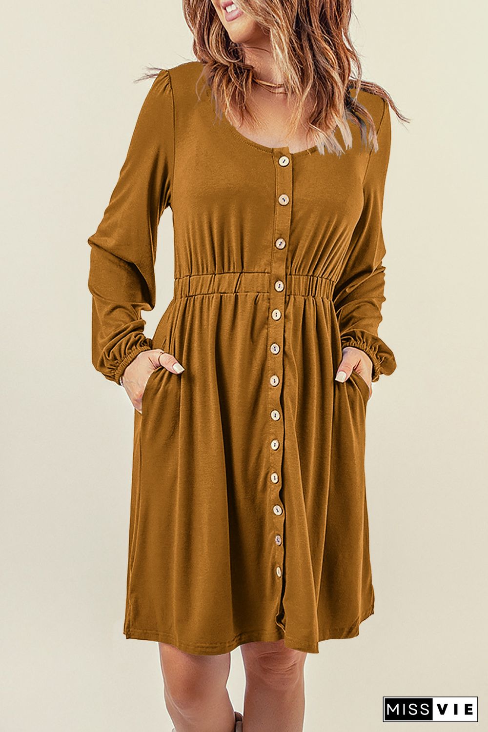 Brown Button Up High Waist Long Sleeve Dress