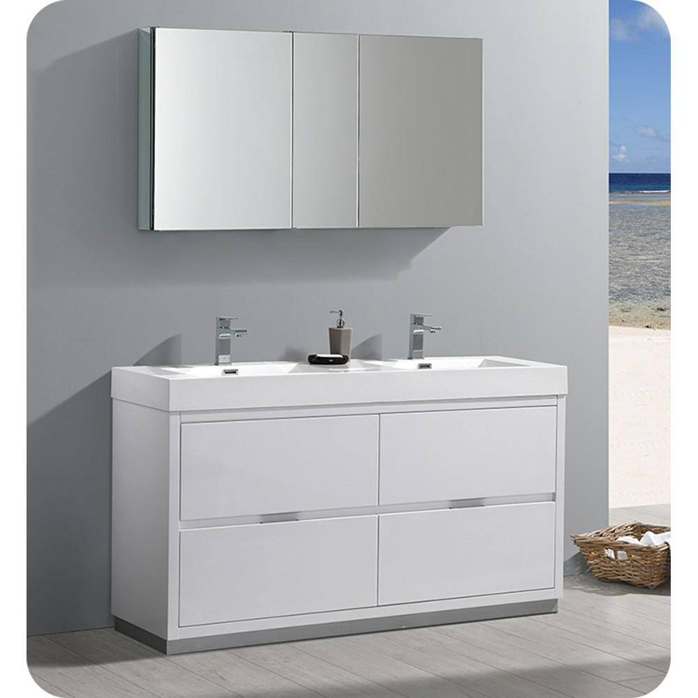 Fresca Valencia 60 in. W Bathroom Vanity in Glossy White with Double Acrylic Vanity Top in White FCB8460WH-D-I