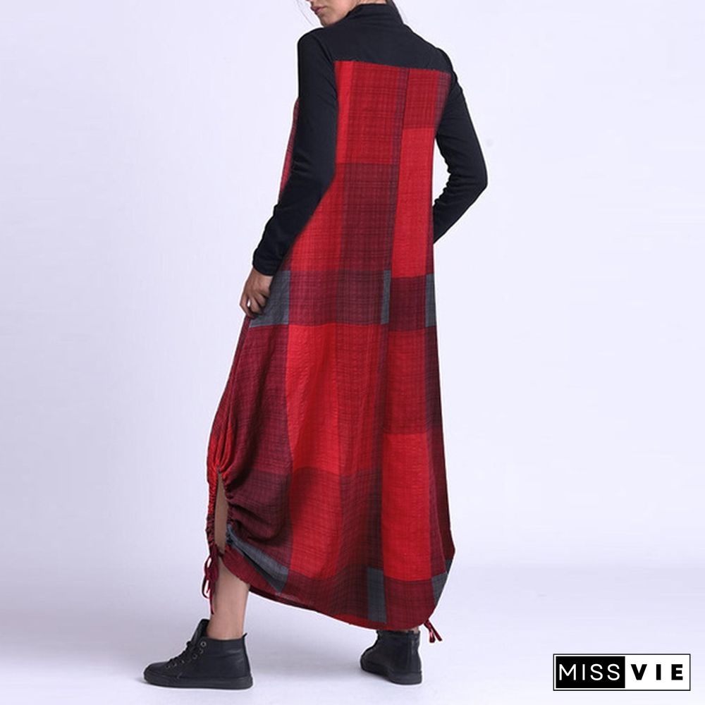 Casual Women Winter Fashion Jumper Dress Plus Size Long Sleeve Mock Neck Irregular Hem Baggy Plaid Dress Pullover Sweatshirts