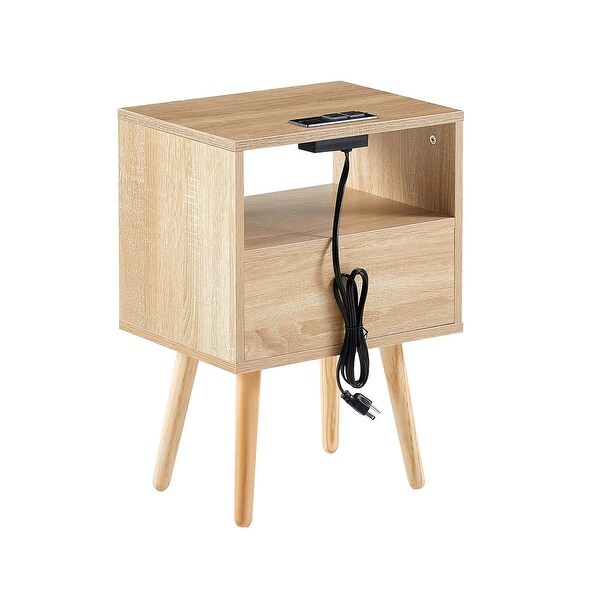 Nightstand Rattan End Table With Outlet USB Ports And drawer - - 37454457