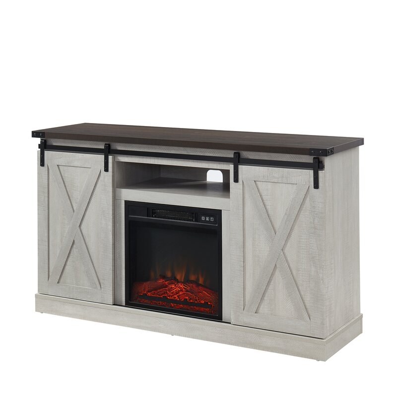 Fireplace TV Stand   Sliding Barn Door Farmhose Entertainment Center with 18'' Electric Fireplace Storage Cabinet