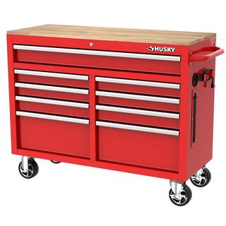 Husky 46 in. W x 18 in. D 9-Drawer Gloss Red Mobile Workbench Cabinet with Solid Wood Top H46X18MWC9RED