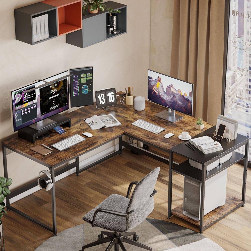 Bestier 59.06 in. Rustic Brown L-Shaped Computer Desk with Shelves D054E-RST