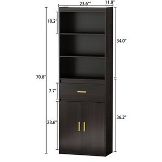 FUFUGAGA 70.8 in. H Coffee Brown Wood 3-Shelf Bookcase Bookshelf With 2-Door Cabinet and Drawer KF200127-01-KPL