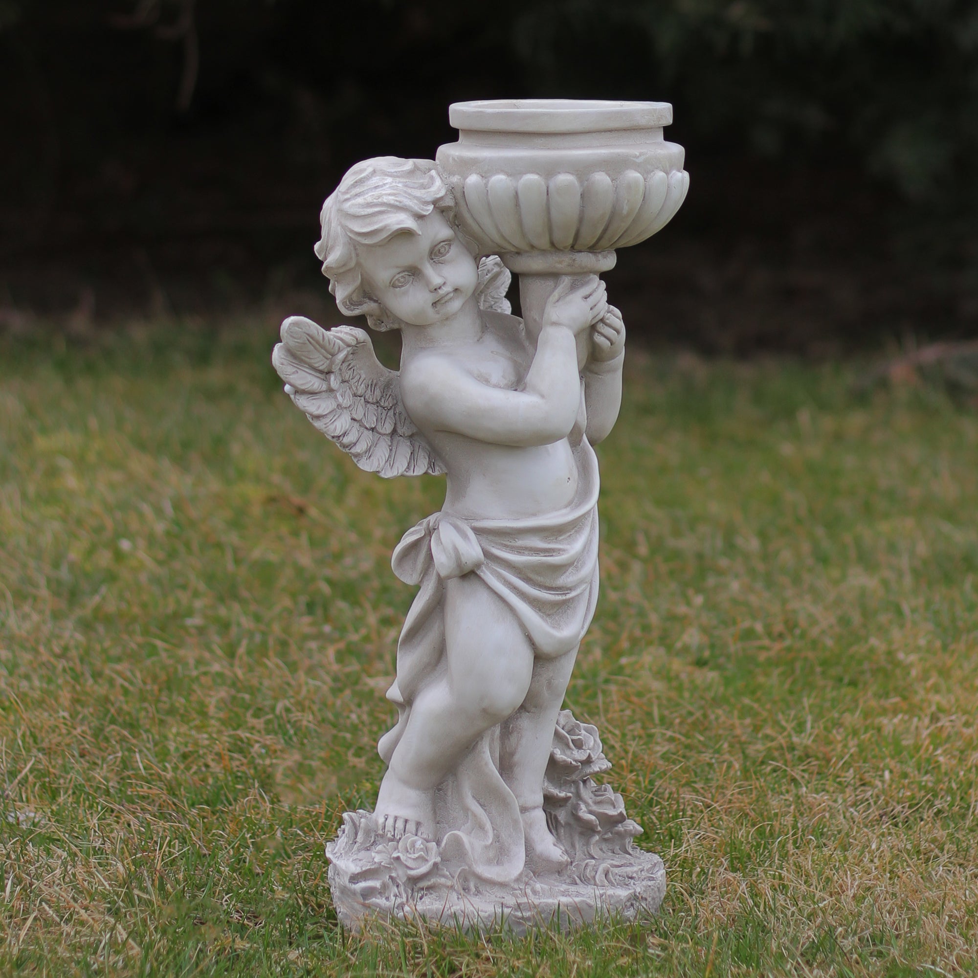 17" Left Facing Cherub Holding a Bird Bath Outdoor Garden Statue