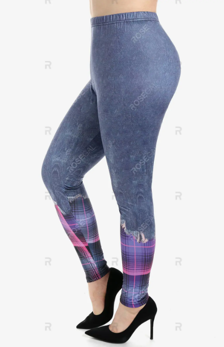 Plaid 3D Lace Up Denim Print T-shirt and Plaid 3D Denim Leggings Plus Size Outfit