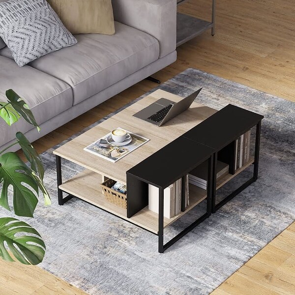 Farmhouse Glass Coffee Table with Storage， Metal Wood - 39.3 x 23.6 x 17.7