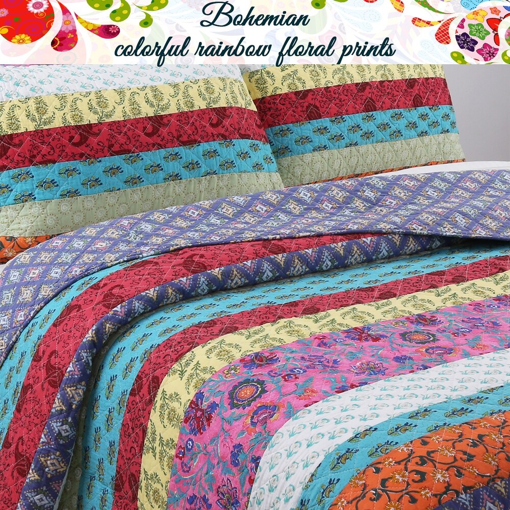 Cozy Line Kozlowski 3 Piece Rainbow Stripe Reversible Cotton Quilt Bedding Set