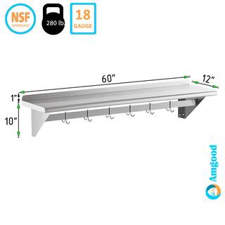 AMGOOD 12 in. W x 60 in. D Stainless Steel Wall Mounted Pot Rack with Shelf. Kitchen Restaurant Room. Decorative Wall Shelf AMG WS-PS-1260