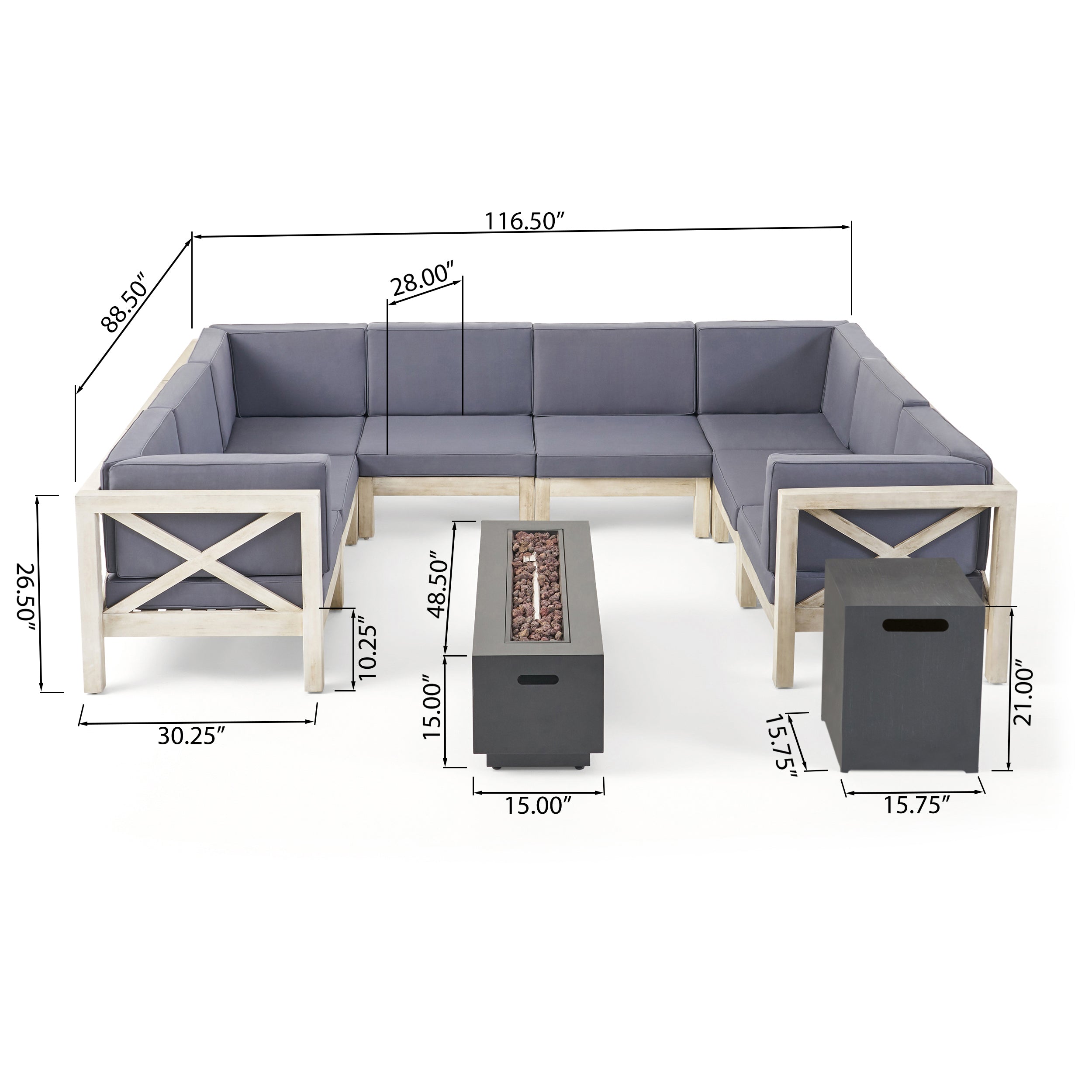 Muriel Outdoor Farmhouse Acacia Wood 8 Seater U-Shaped Sectional Sofa Set with Fire Pit