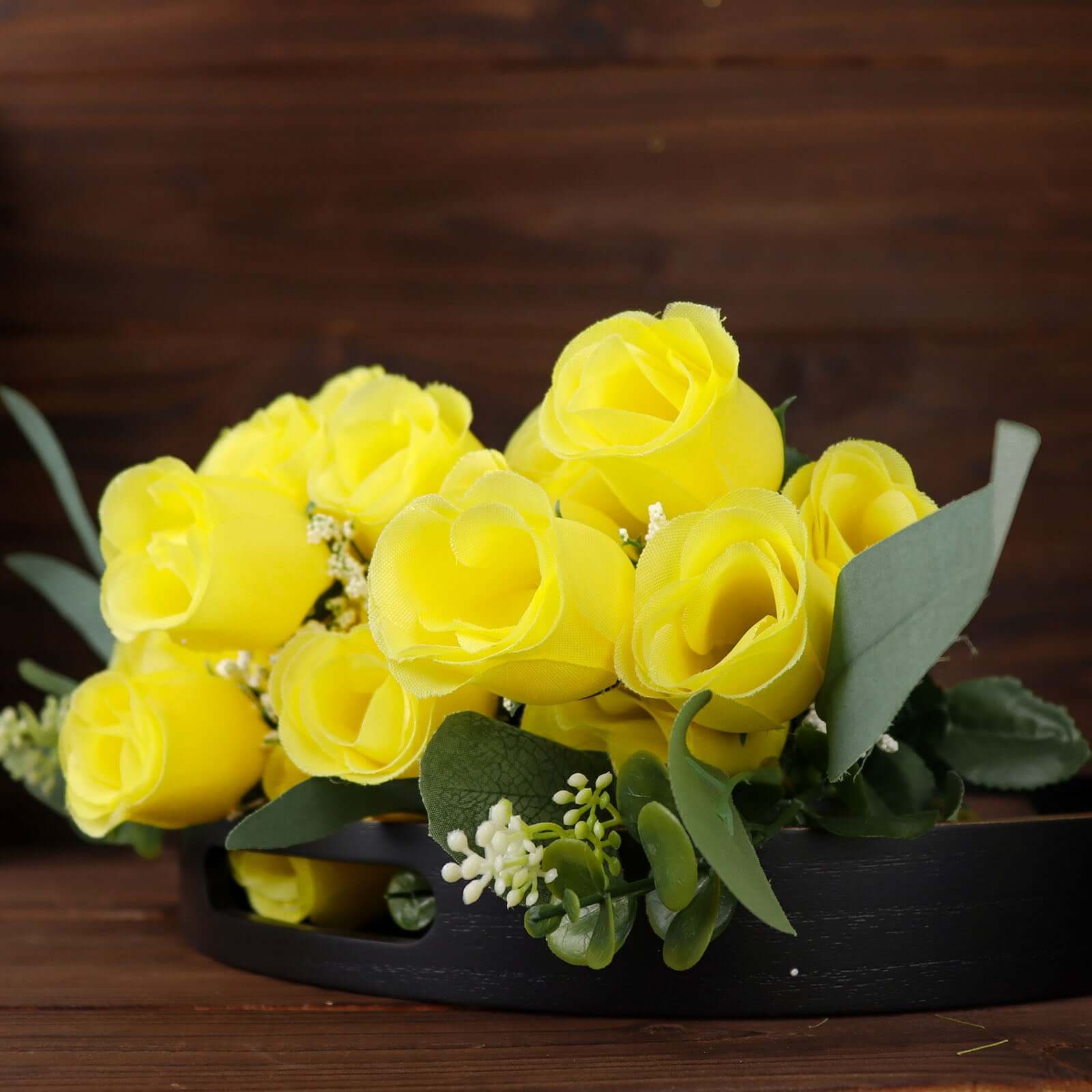 12 Bushes Yellow Artificial Premium Silk Flower Rose Bud Bouquets