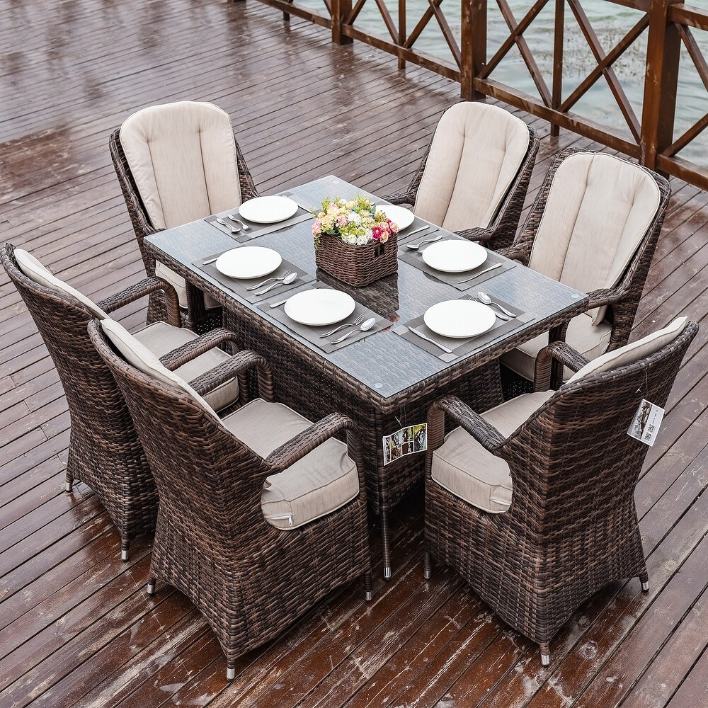 Abrihome 7 piece Outdoor Wicker Dining Table Set with 6 Eton Chairs