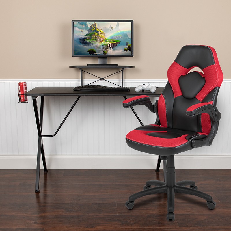 Flash Furniture Black Gaming Desk and Red/Black Racing Chair Set w/ Cup Holder， Headphone Hook， and Monitor/Smartphone Stand - Flash Furniture BLN-X10RSG1031-RD-GG