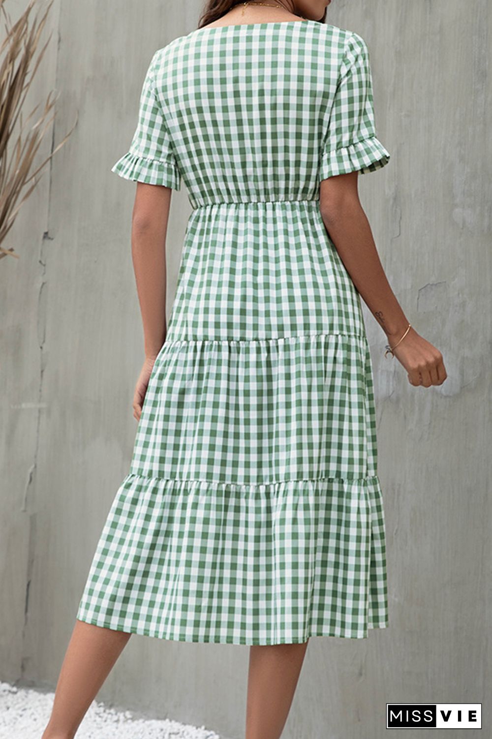 Plaid Print Short Sleeve Midi Dress Wholesale