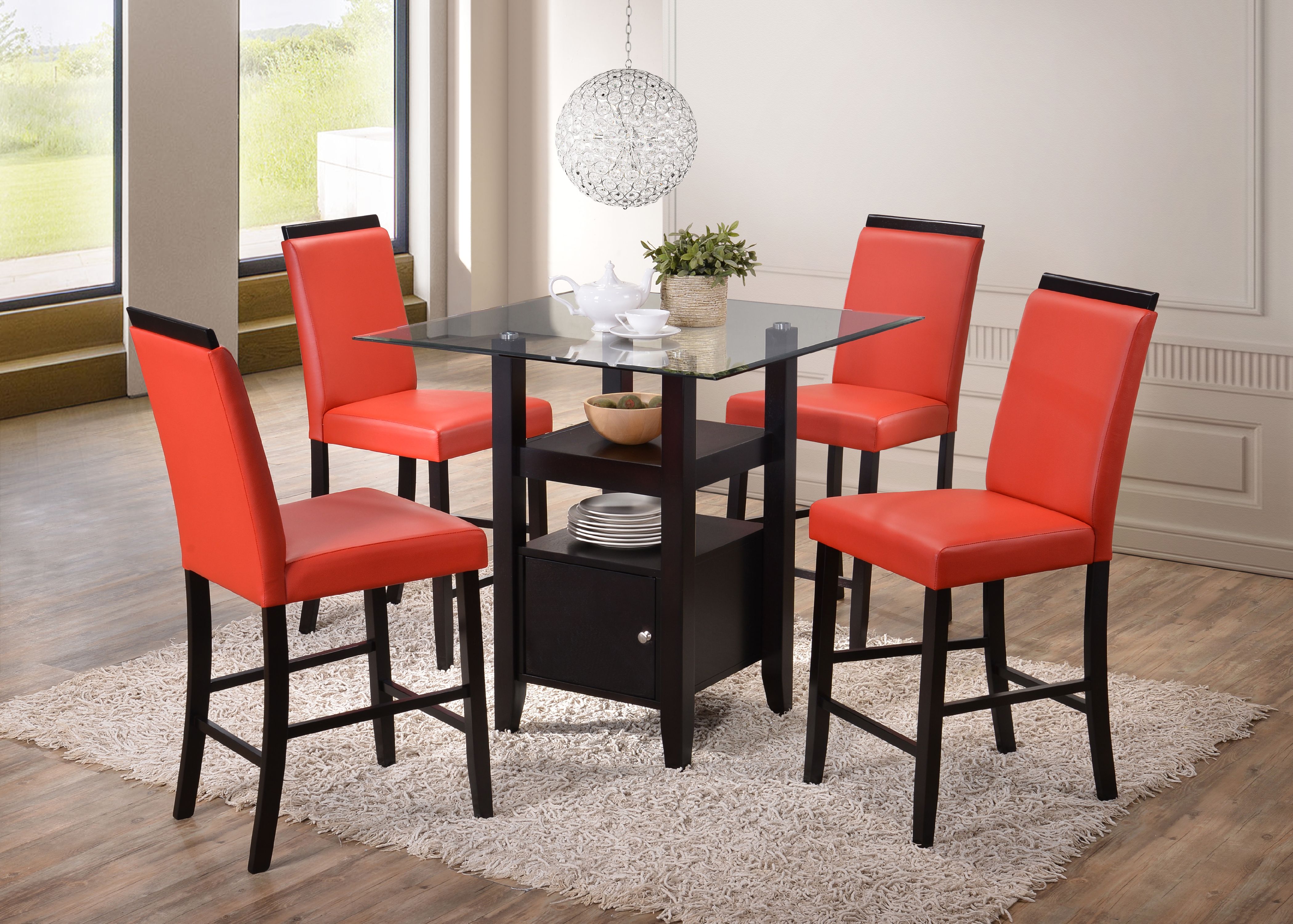 Lenn Counter Height Kitchen Dining Table， Cappuccino Wood， Beveled Glass Top， Transitional