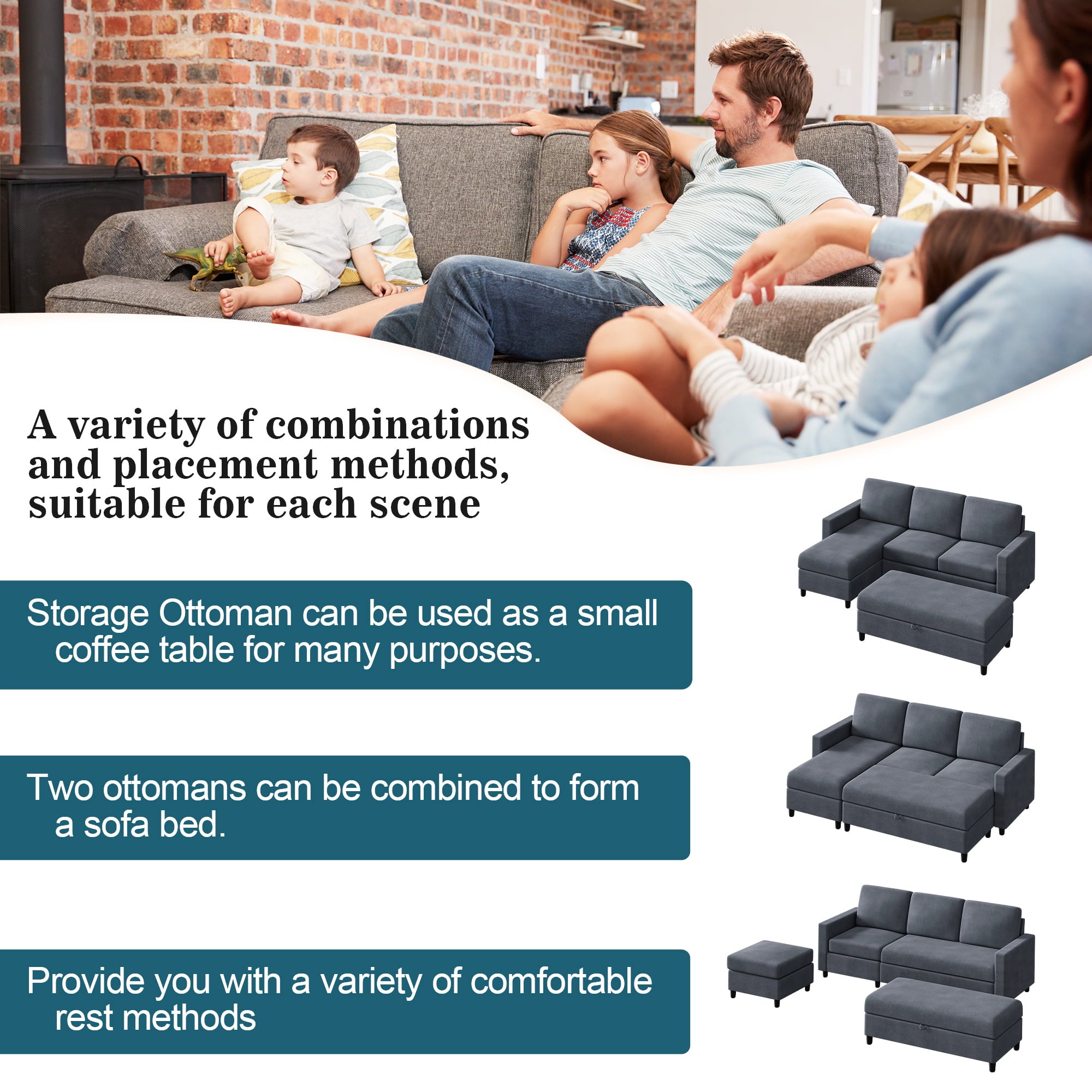 Walsunny Sectional Sofa Linen Gray Couch L Shaped 4 Seat with Storage Ottoman