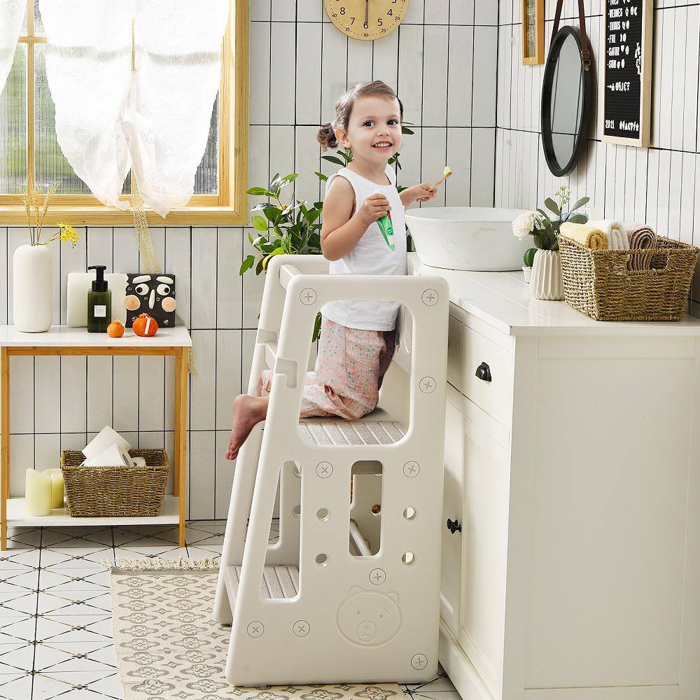 Costway Kids Kitchen Step Stool with Double Safety Rails Toddler Learning Stool Gray HY10011HS