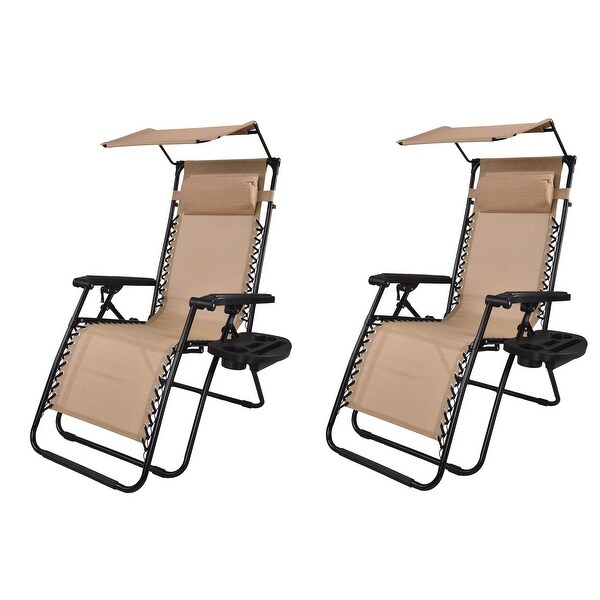 Zero Gravity Chair Case Lounge Outdoor Patio Beach Yard Garden Canopy Sunshade Utility Tray Cup Holder Tan Beige Two Pack