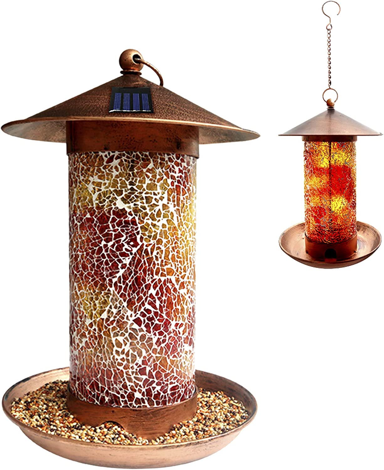 Solar Bird Feeders for Outdoor Hanging， Premium Metal Hummingbird feeders， Waterproof Wild Bird Feeder with Light for Feeding， Unique Retro Bird Feeders for Bird Lovers (Mosaic Copper)