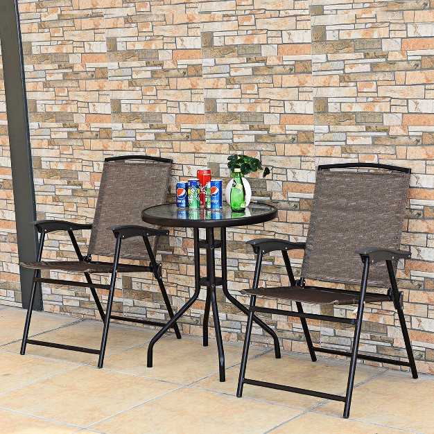 Costway 3pc Bistro Patio Garden Furniture Set 2 Folding Chairs Glass Table Top Steel