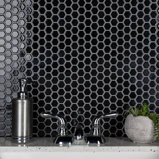 Merola Tile Metro 1 in. Hex Glossy Black 10-14 in. x 11-78 in. Porcelain Mosaic Tile (8.6 sq. ft.Case) FXLMHB