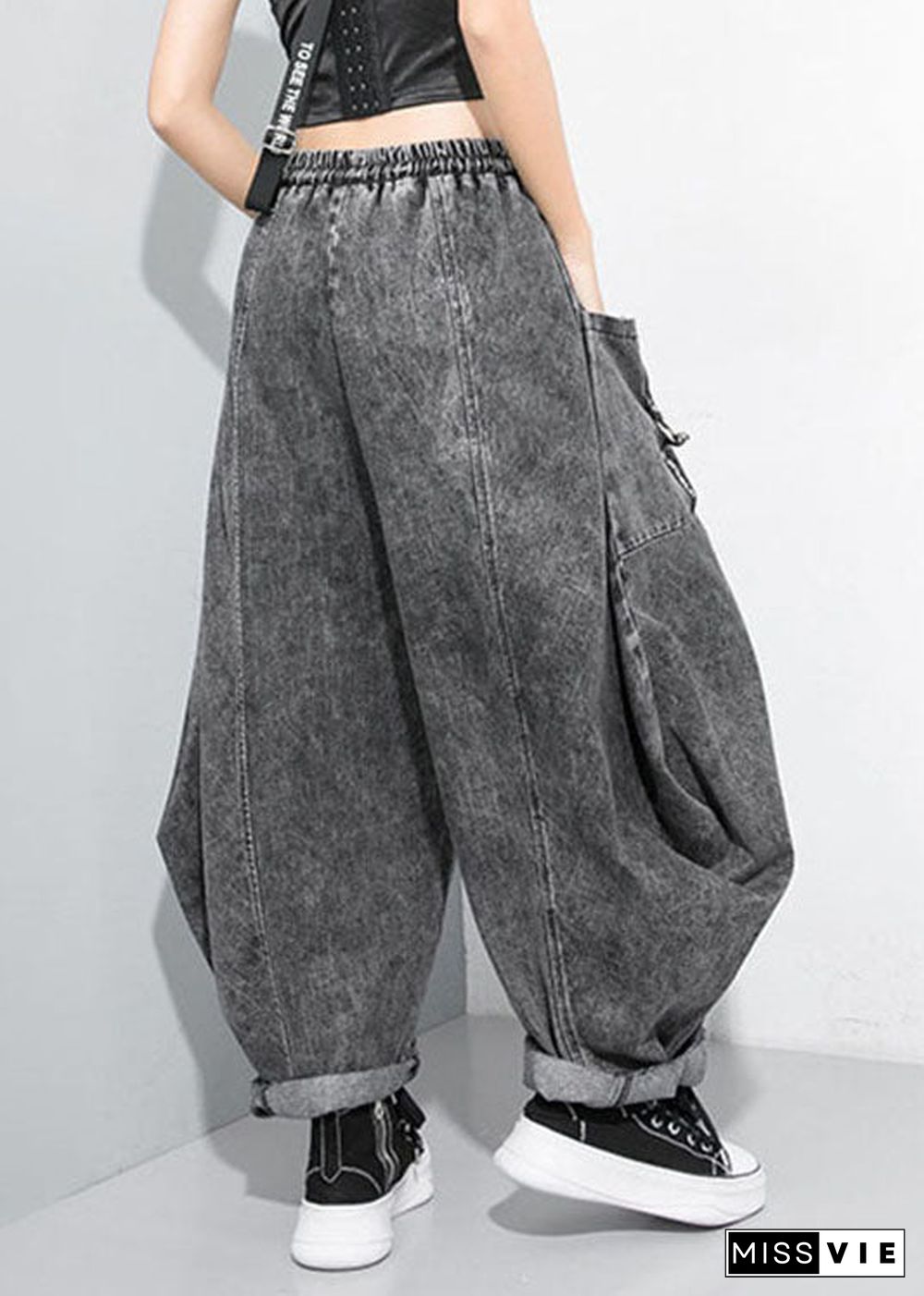 Beautiful Black Grey Cinched Patchwork denim Pants Trousers Spring