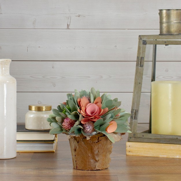 Pink And Green Wooden Floral Artificial Potted Centerpiece