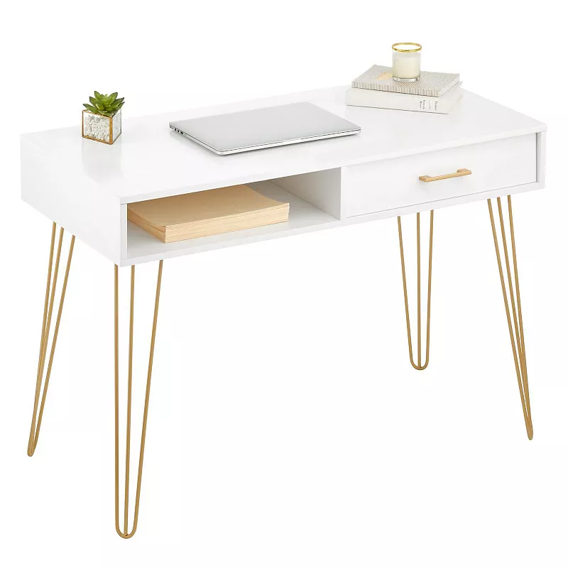 mDesign Metal/Wood Home Office Desk with Drawer， Hairpin Legs