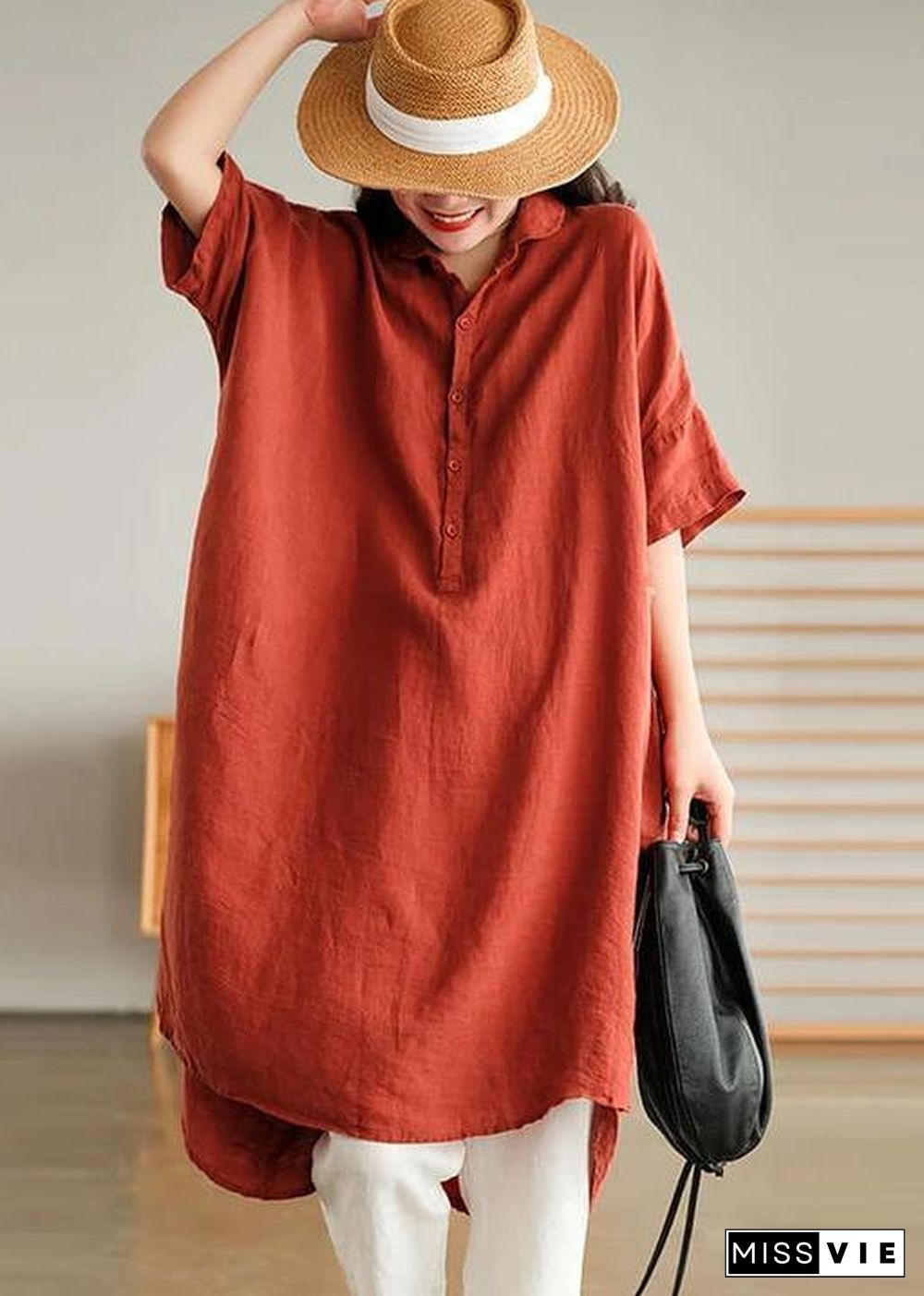 Jade Purple flower Linen Women Casual Linen Shirt Dress