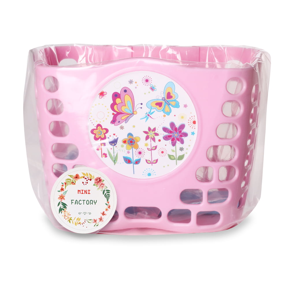 Kid's Bike Basket， MINI-FACTORY Pink Basket - Cute Butterfly and Flowers Pattern Bicycle Front Handlebar Basket for Kid Girls