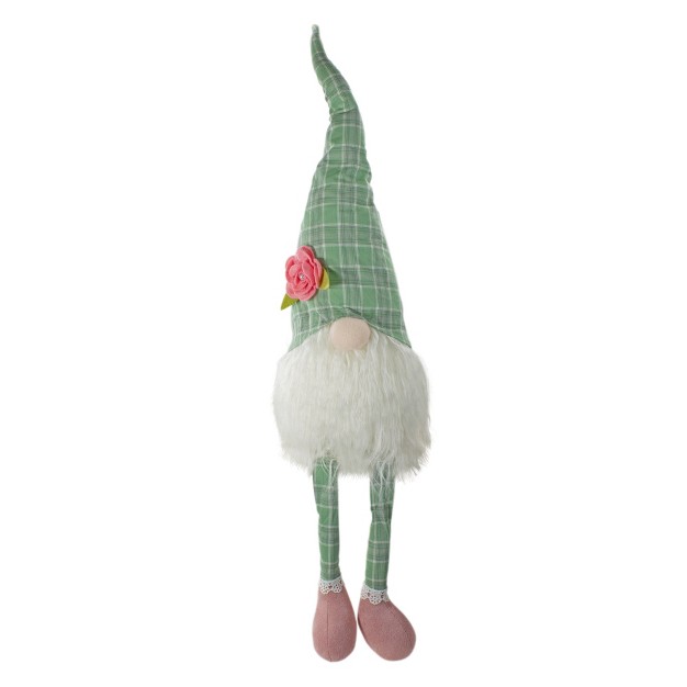 Green And White Plaid Spring Gnome Table Top Figure With Dangling Legs