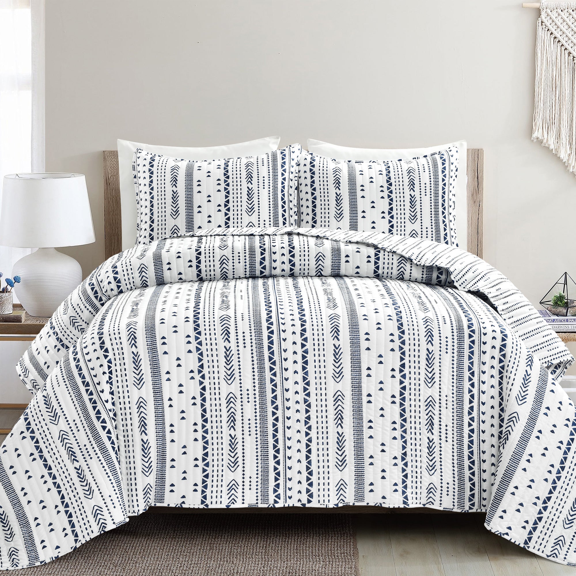 Bedding Bundle: Hygge Stripe Quilt + Solid Kantha Pick Stitch Quilt/Coverlet + Waffle Cotton Knit Blanket