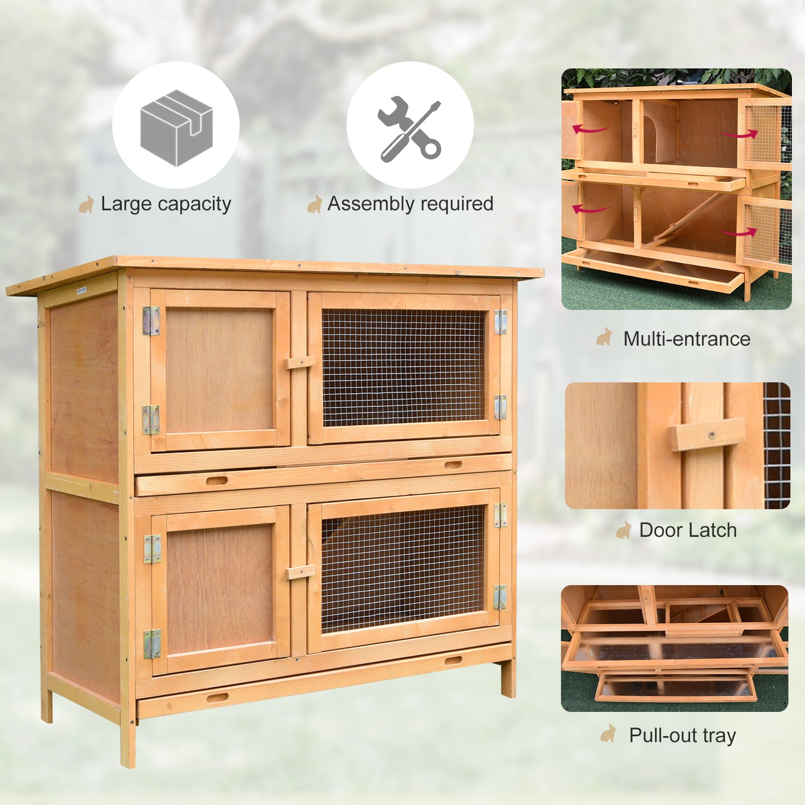 Pawhut Solid Wood Rabbit/Bunny Hutch with 2 Large Main Rooms， Yellow