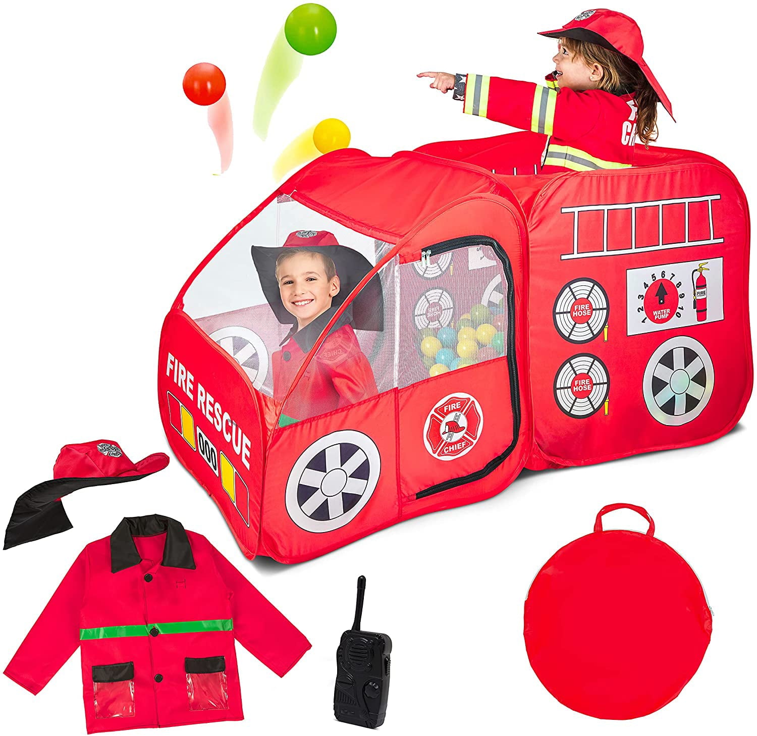 Fire Truck Pop Up Play Tent | Siren Sound Button | Firefighter Costume, Jacket and Hat– Red Fire Engine Playhouse for Kids, Toddlers, Boys, Indoors and Outdoors – Quick Setup Pretend Play Toys and Gift