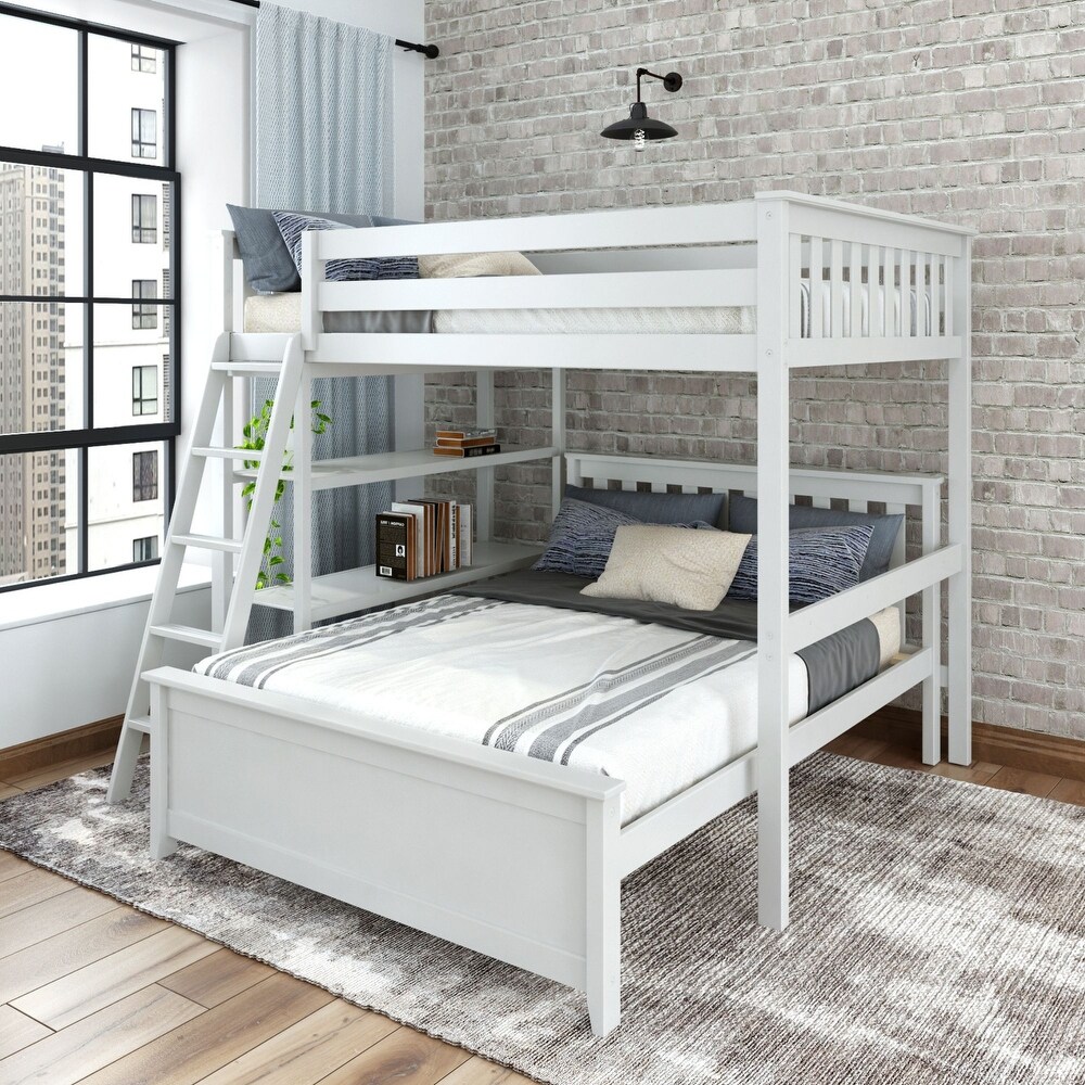 Plank and Beam L Shaped Full over Full Bunk Bed with Bookcase