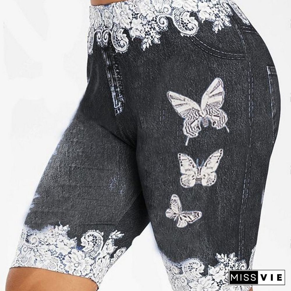 Women Fashion Skinny Butterfly Print Casual Jeggings Faux Denim Imitation Jean Shorts Pants Plus Size