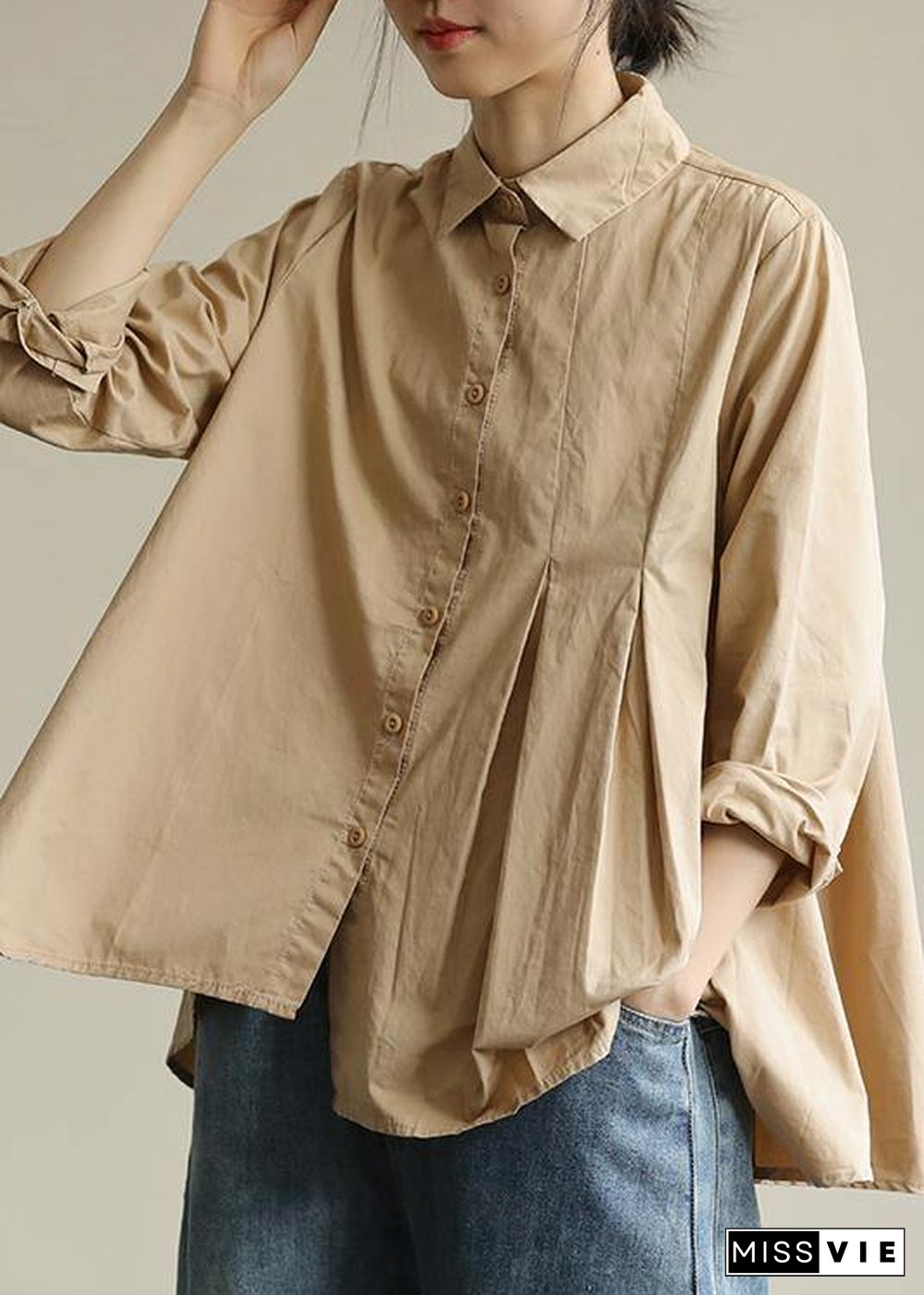 Organic khaki Tunic lapel asymmetric short shirt