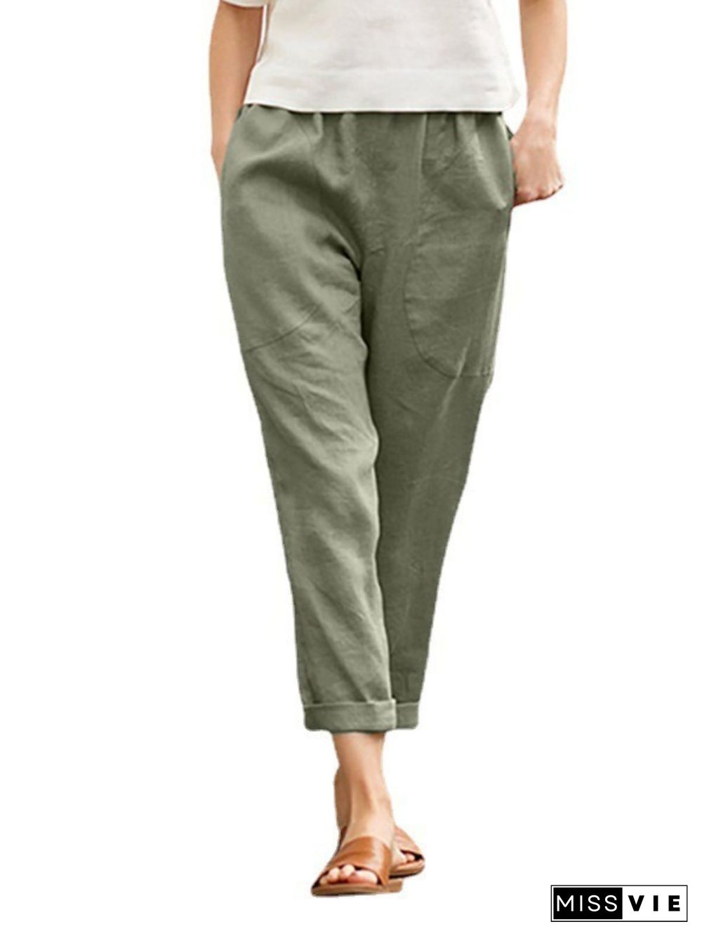 Vintage Pockets Plain Plus Size Casual Pants