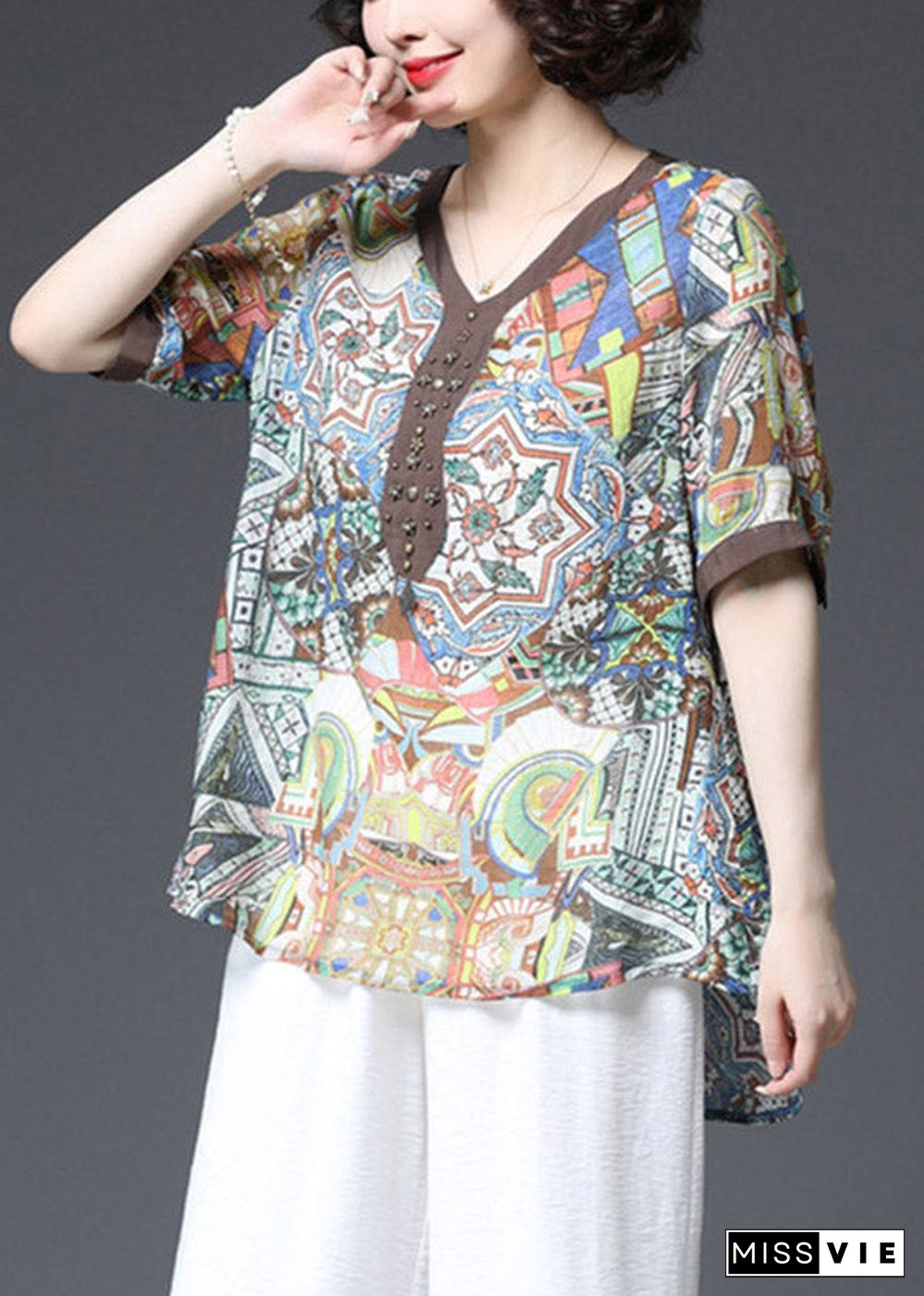 Chocolate Patchwork Loose Cotton Shirt Top Sequined Short Sleeve