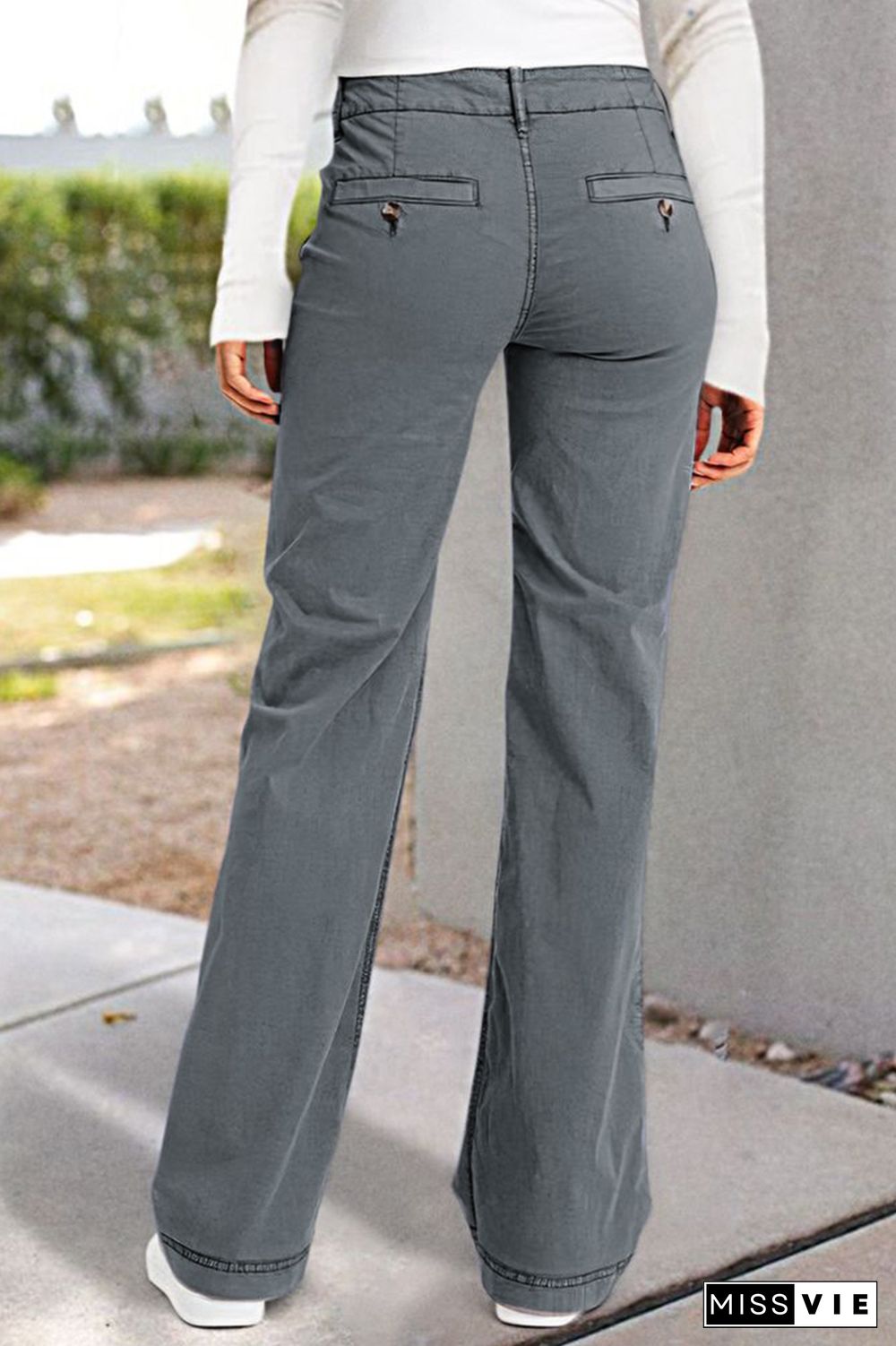 Solid Pocket Detail Mid Waist Wide Leg Pants