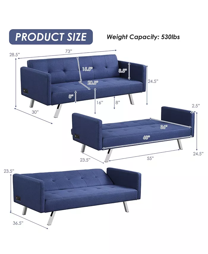 Costway Convertible Futon Sofa Bed Folding Recliner USB PortsandPower Strip