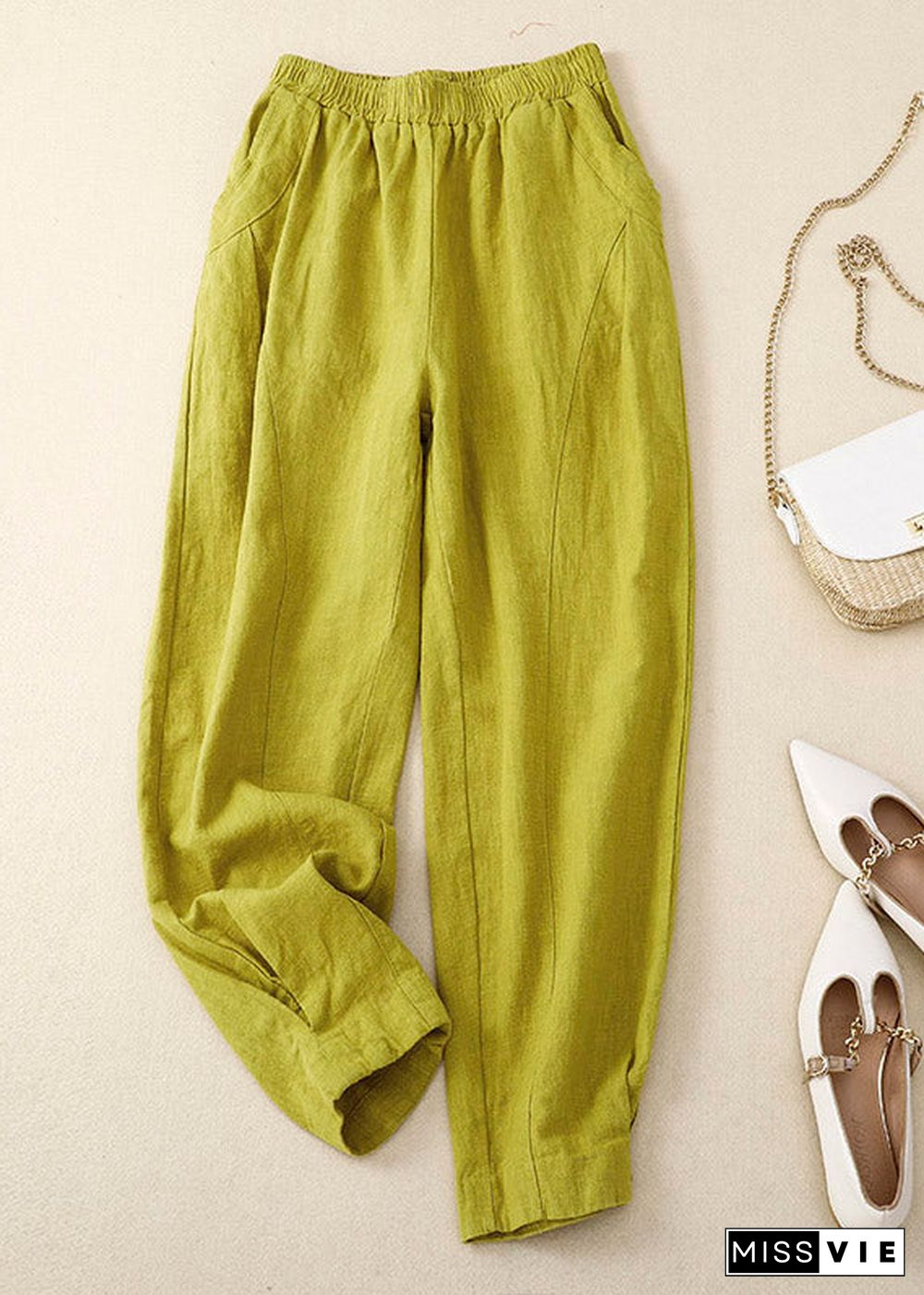 Chic Yellow Patchwork Elastic Waist Solid Linen Wide Leg Pants Summer