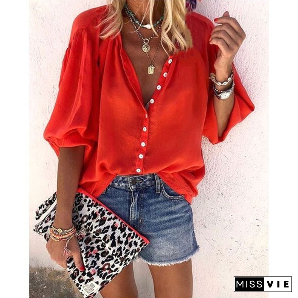 Spring Summer Tops Plus Size Fashion Clothes Women's Causal Long Sleeve Tee Shirts Solid Color Loose T-shirts Ladies Button Up Shirts Deep V-neck Pleated Chiffon Blouses XS-8XL