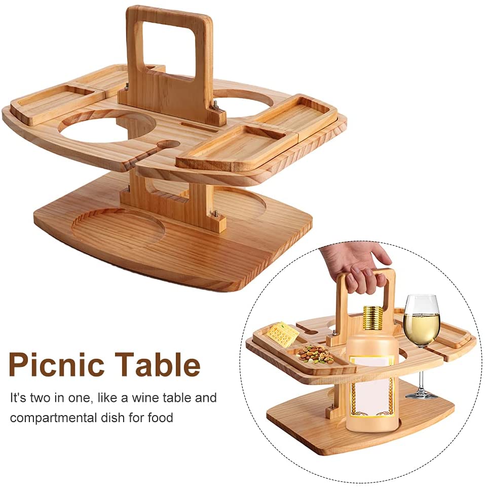 Portable Picnic Table， Wooden Wine Picnic Tables for Outdoors， Snack and Cheese Tray with 2 Wine Glasses Holder， Outdoor Beach Bar Table with Wine Glass Holder