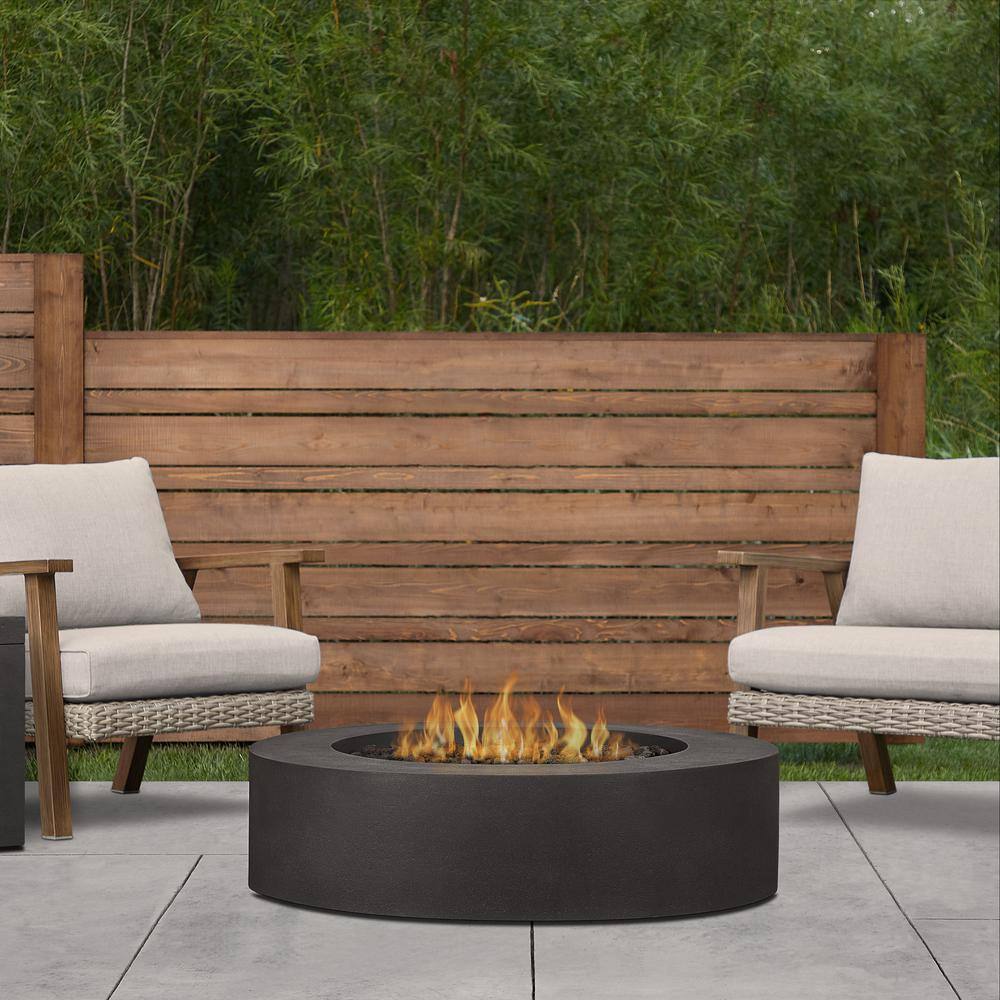 JENSEN CO Brookhurst 43 in. W X 13 in. H Round Outdoor GFRC Liquid Propane Fire Pit in Carbon with Lava Rocks 1593LP-CBN