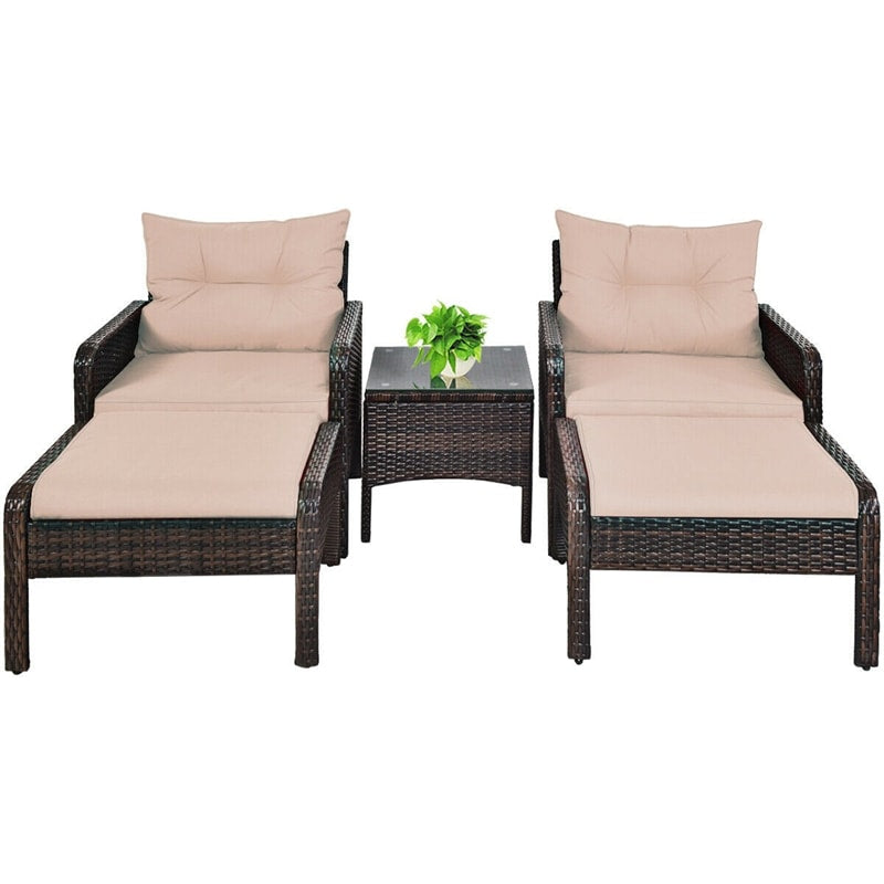 5 Pcs Rattan Patio Conversation Sets with Ottomans & Coffee Table, Wicker Outdoor Bistro Set