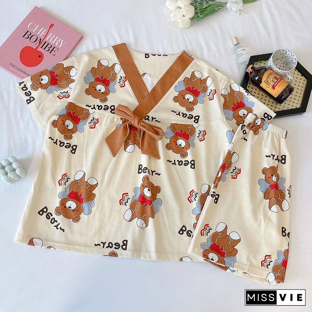 Cute Cartoon Bear Print T-shirt Shorts Pajamas Two Pieces Set