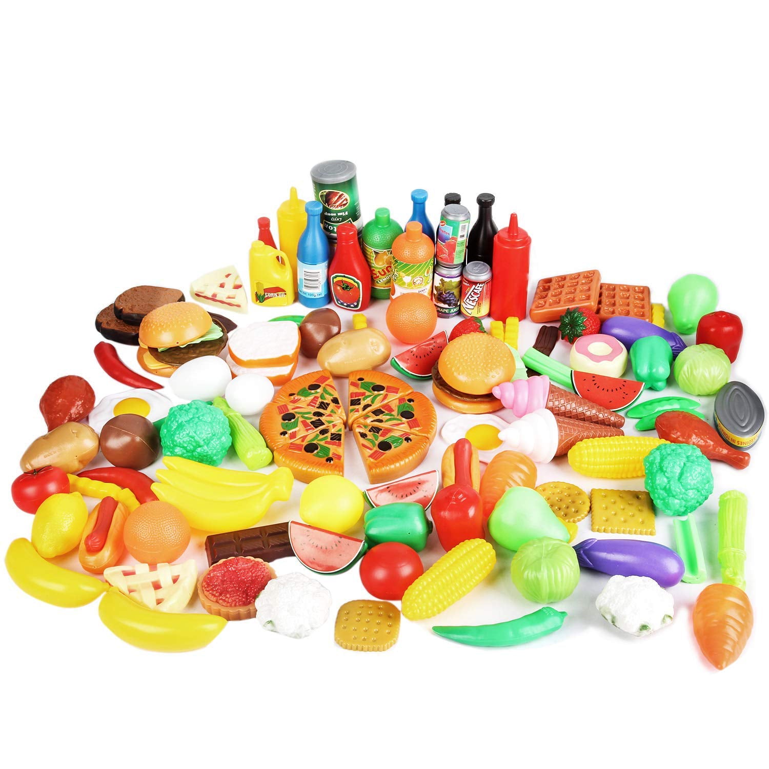 Play Food Variety Toy Food Set Realistic Play Pretend Food Toy Colorful Plastic Food Durable Fake Toy Food Playset For Kids Girl Boy Toddler Children Baby Kitchen Educational Gift 100 Piece