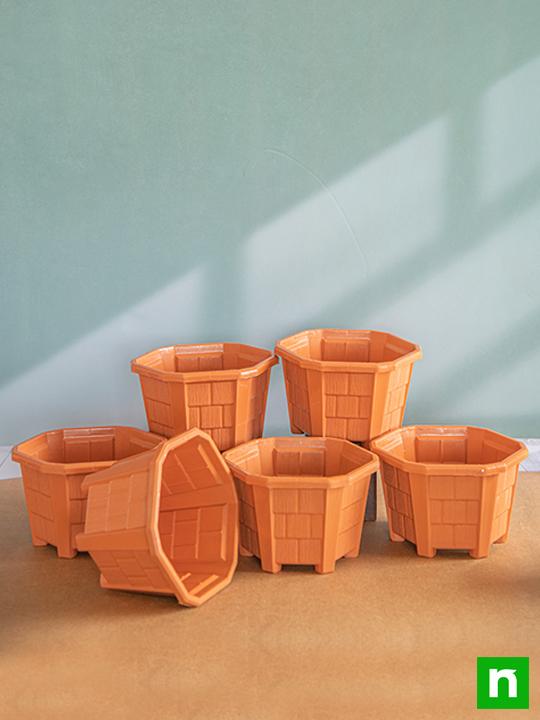 8.1 inch (21 cm) Hexa No. 3 Plastic Planter (Terracotta Color) (set of 6)