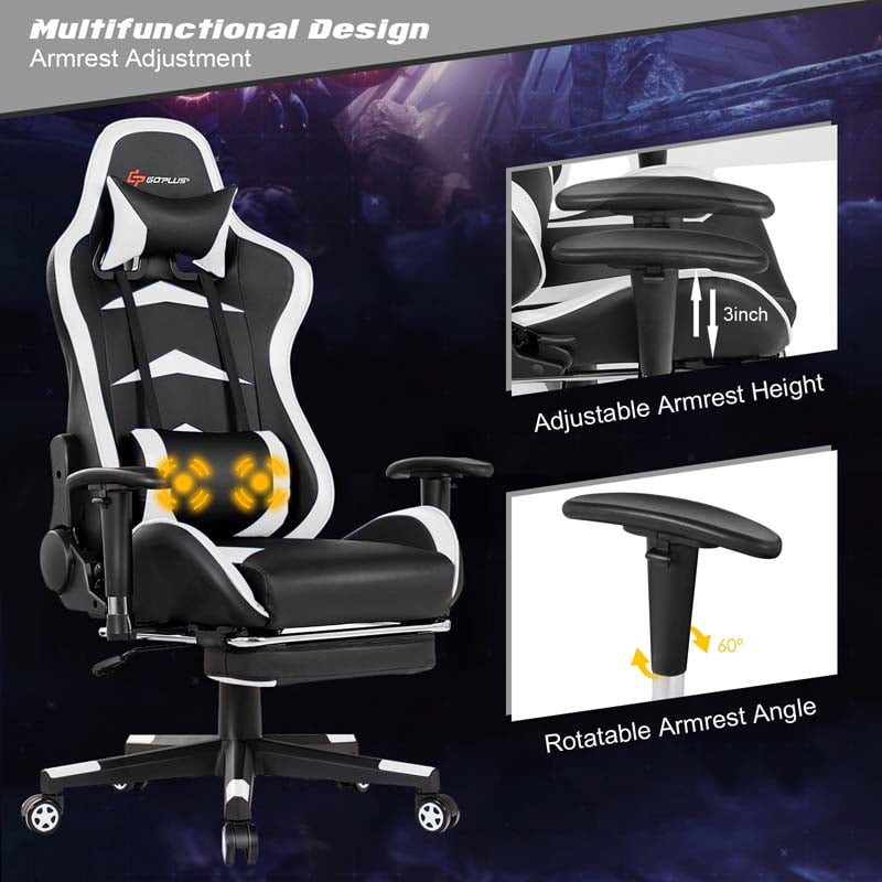 PU Leather Massage Gaming Chair with Footrest, Height Adjustable High Back Ergonomic Gamer Racing Recliner, Swivel PC Game Chair Office Chair